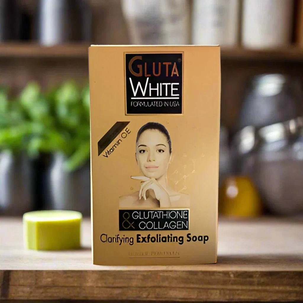 Gluta White Soap with Glutathione and Collagen, 7 oz, showcasing the soap bar with packaging highlighting key ingredients