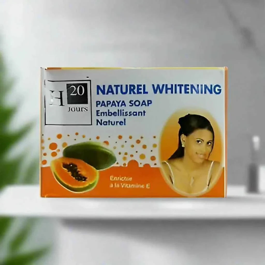 H20 Jours Natural Papaya Beauty Soap with Vitamin E, 180g, featuring fresh papaya and moisturizing ingredients in a bar soap