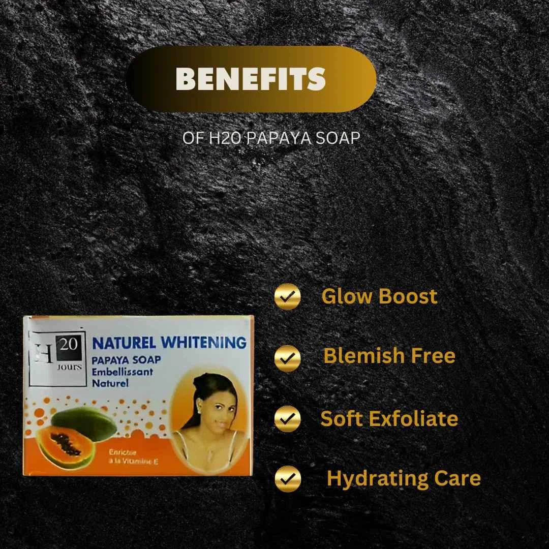 H20 Jours Natural Papaya Beauty Soap with Vitamin E in 180g, showing the soap bar with papaya and Vitamin E ingredients.