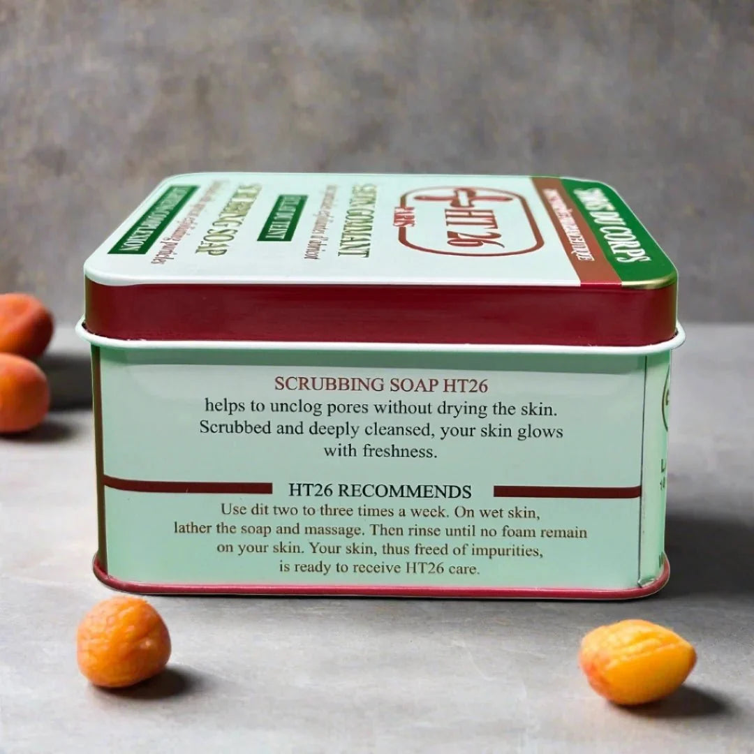 HT26 Apricot Exfoliating Scrub Soap in 200g with gentle smoothing cleanser for refreshed, smooth skin.