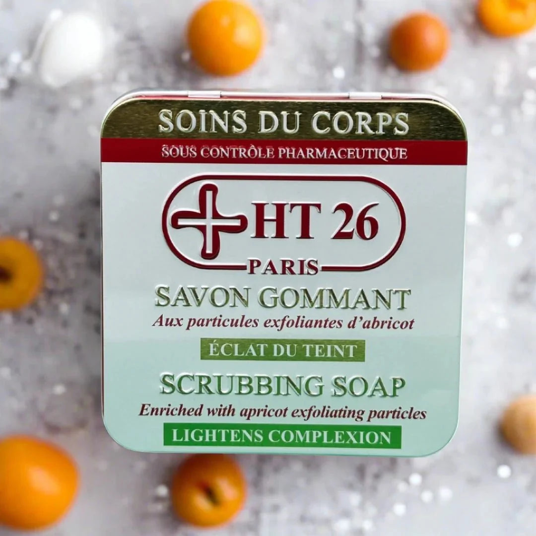 HT26 Apricot Exfoliating Scrub Soap 200g, gentle smoothing cleanser with apricot extract, designed for exfoliating and refreshing skin.