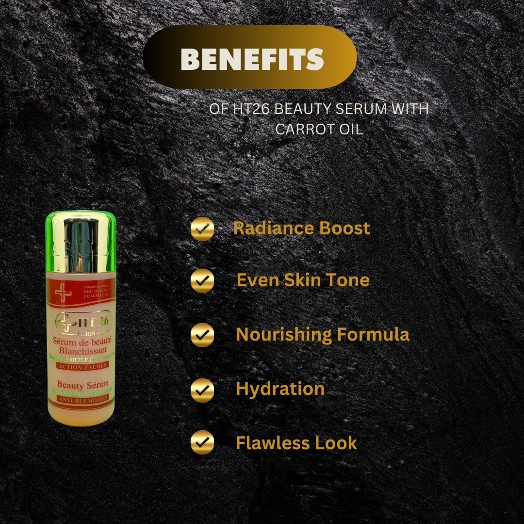 HT26 Carrot Oil Beauty Serum in a 150 ml bottle, showcasing the amber-colored serum with a pump dispenser.