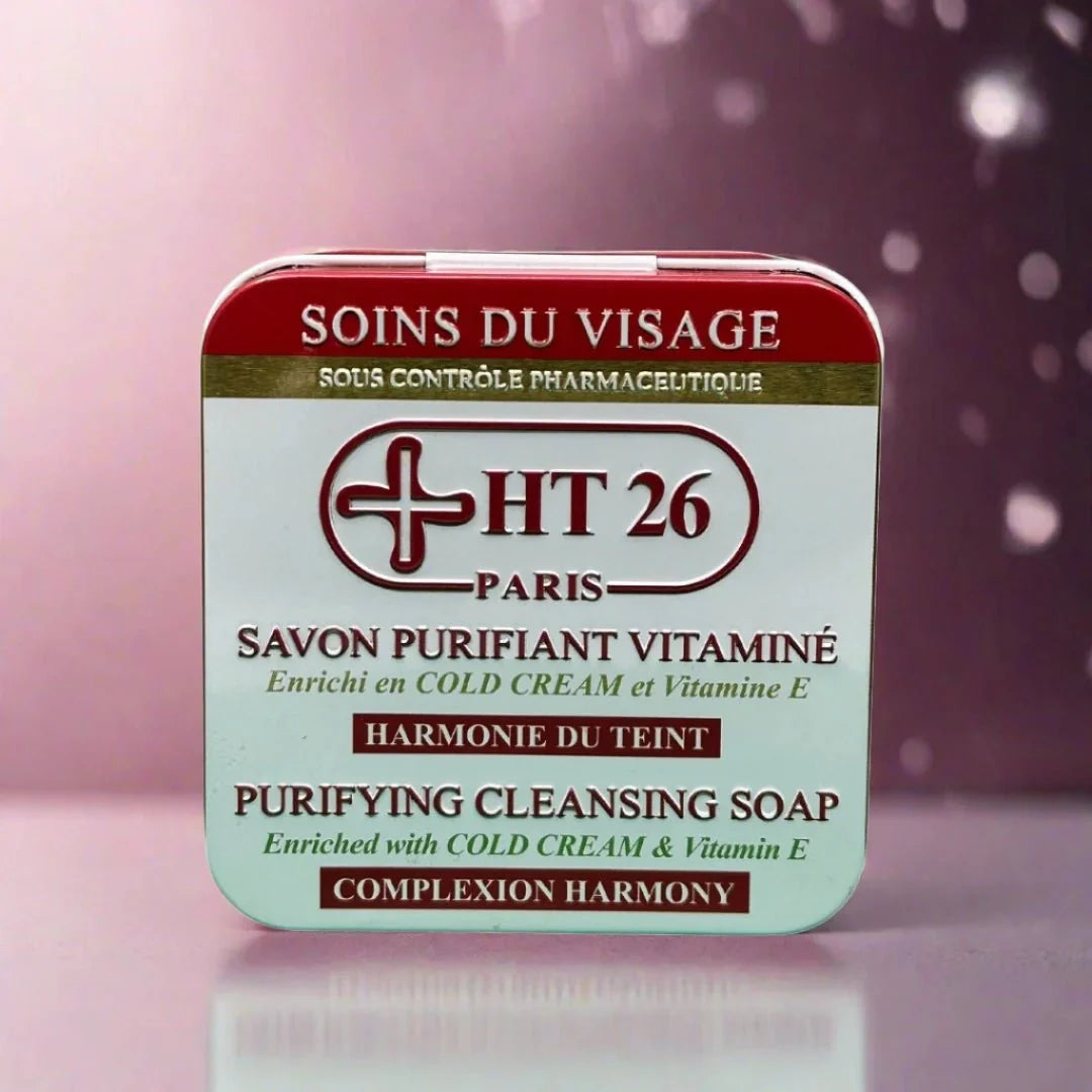 HT26 Cleansing Soap with Cold Cream and Vitamin E in a 150g bar, featuring a creamy texture and nourishing ingredients.