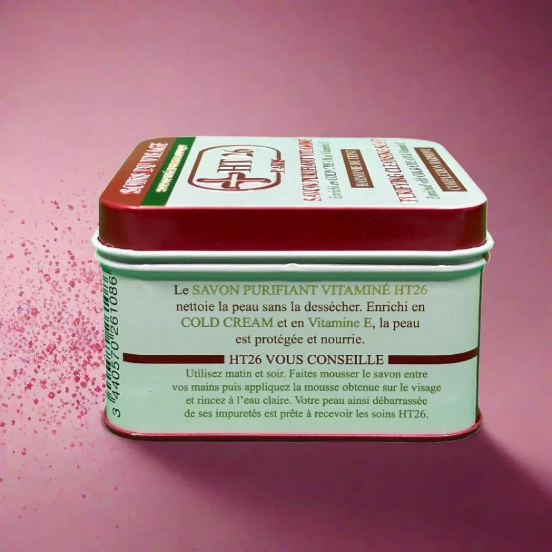 HT26 Cleansing Soap with Cold Cream and Vitamin E, 150g, shown in a soap bar with smooth texture and packaging details.