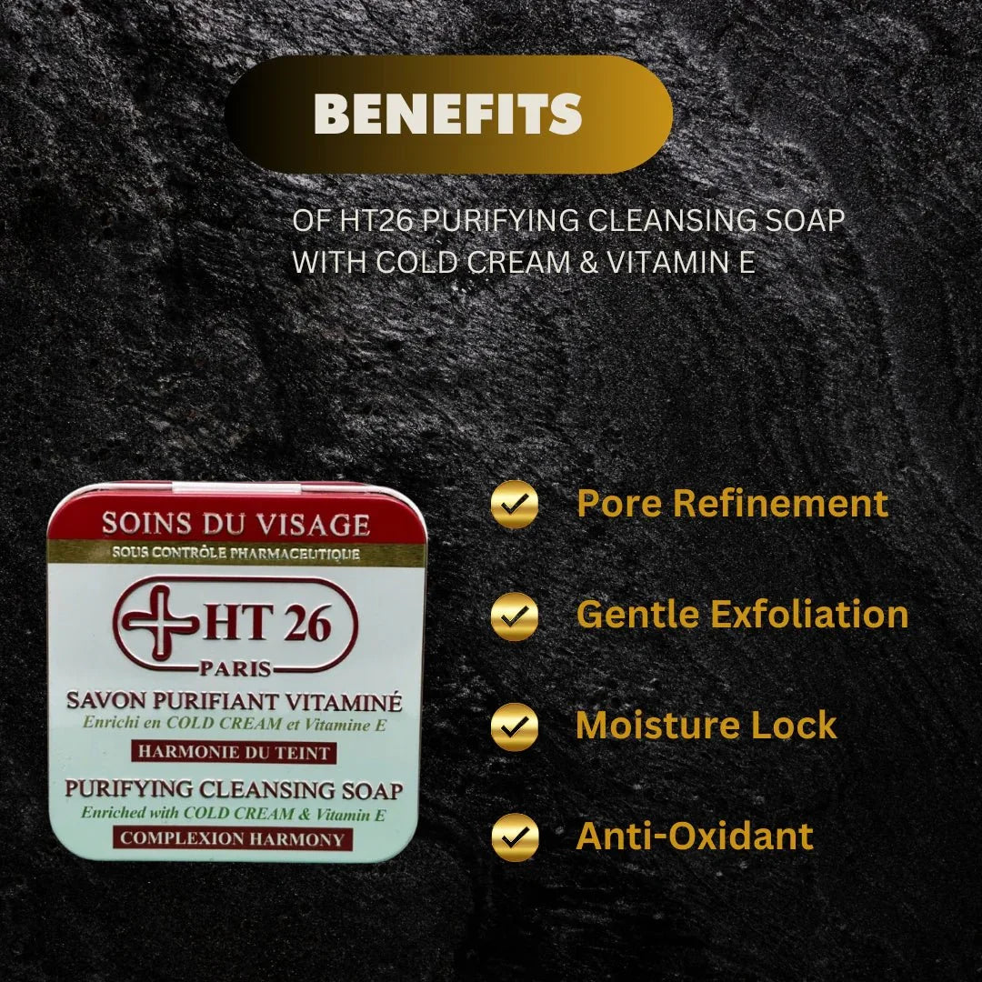 HT26 Cleansing Soap with Cold Cream and Vitamin E in 150g package, showing the soap bar and packaging details.