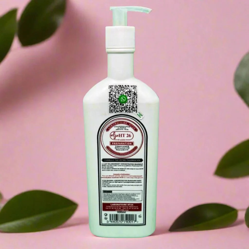 HT26 Concentrated Body Lotion in a 500 ml bottle, featuring a smooth, creamy texture and moisturizing formula for skin care.