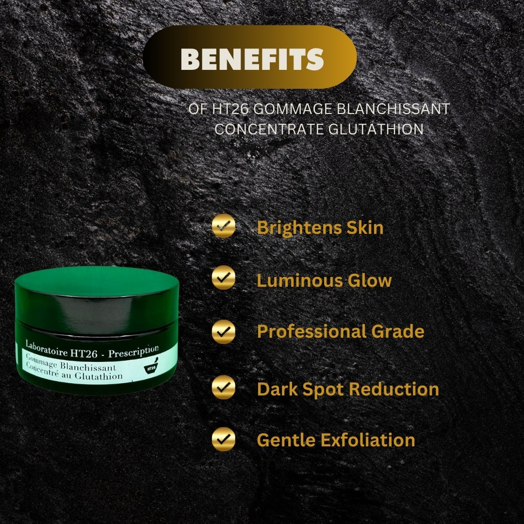 HT26 Glutathione Scrub Concentrate in a jar with creamy texture and natural ingredients visible on the label.