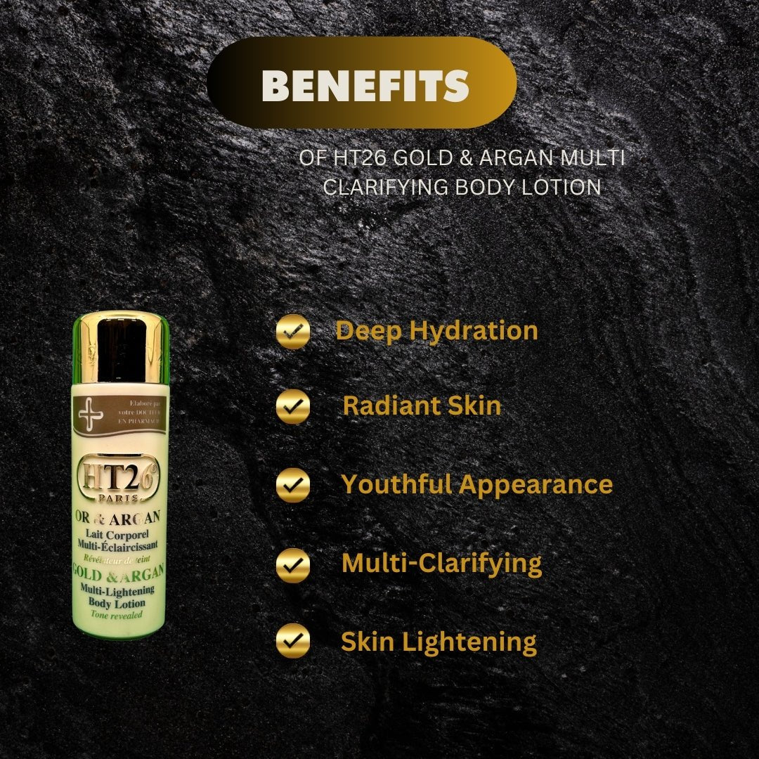 HT26 Gold & Argan Body Lotion 500ml bottle with gold accents and smooth lotion visible in the image.