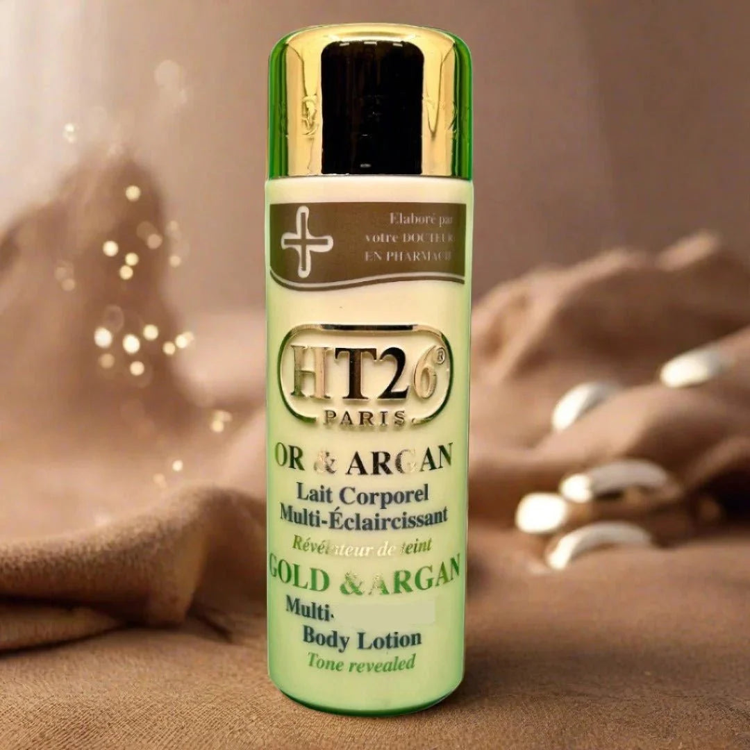 HT26 Gold & Argan Body Lotion in a 500ml bottle, featuring a sleek gold packaging and pump dispenser.