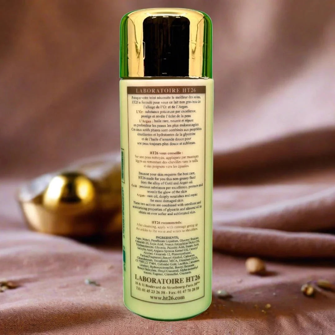 HT26 Gold & Argan Body Lotion in 500ml bottle, featuring a sleek gold label and nourishing formula for smooth, hydrated skin.
