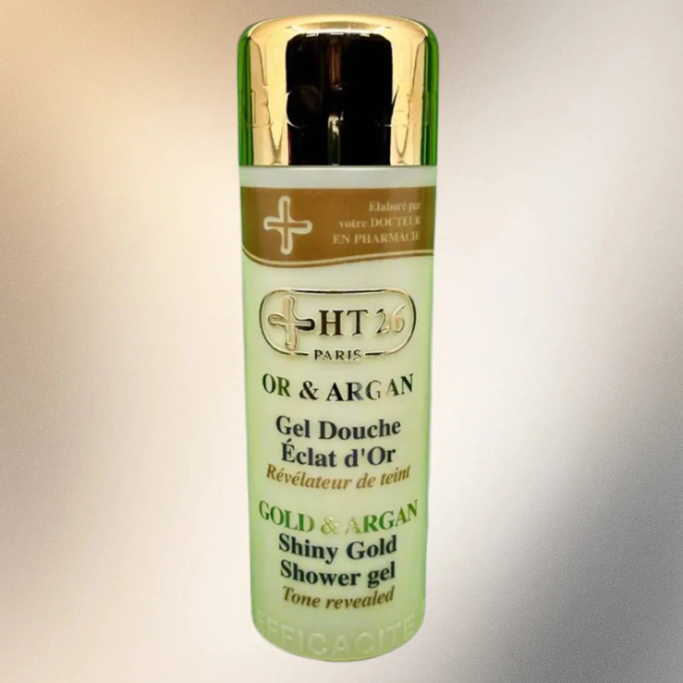 HT26 Gold & Argan Shower Gel in 1000 ml bottle, featuring a sleek gold-colored packaging and a luxurious formula.