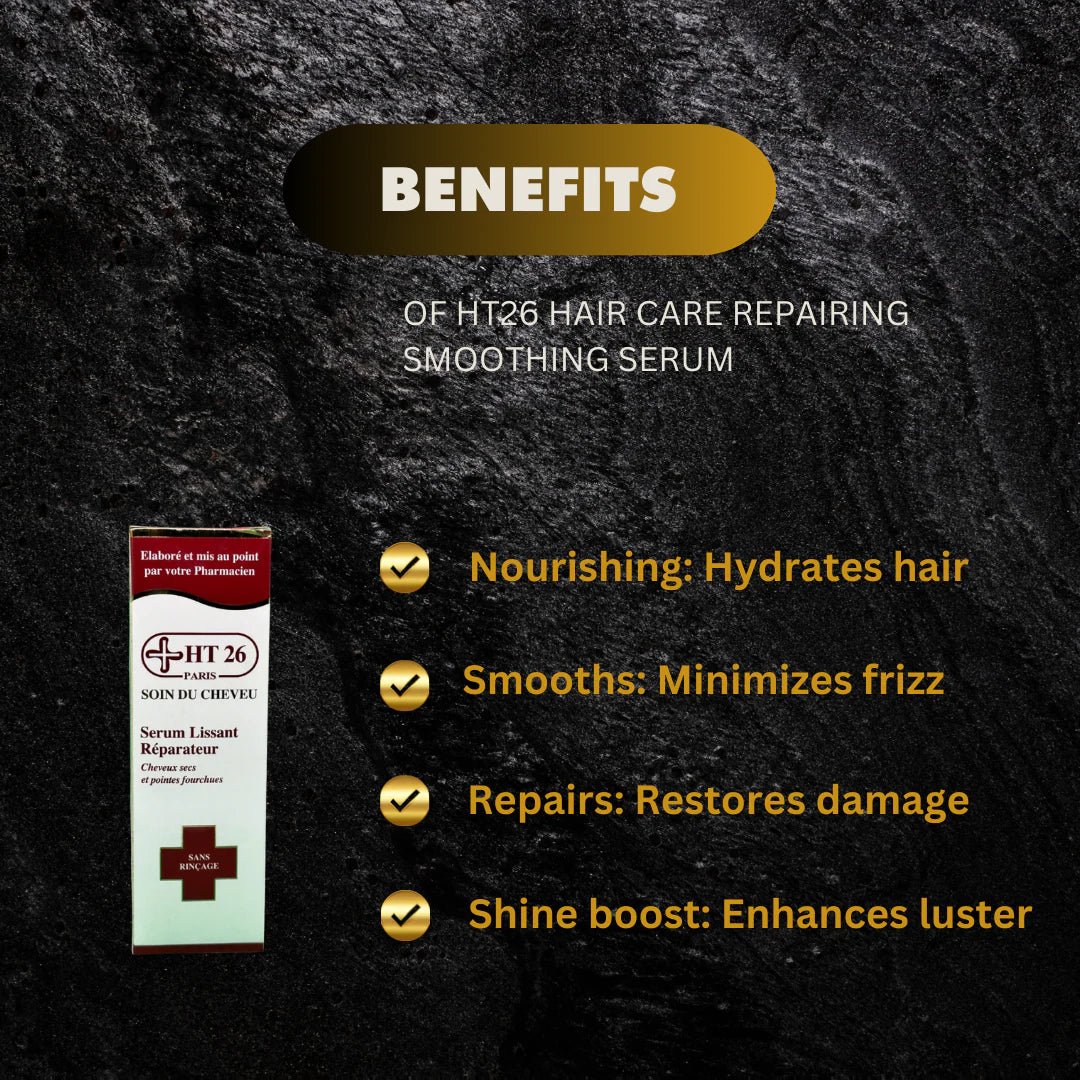HT26 Hair Care Smoothing Serum 100ml bottle with a soft, silky finish for smooth, nourished hair.