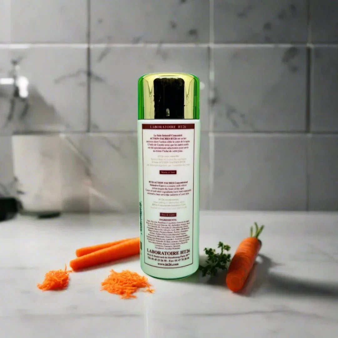 HT26 Intensive Care Body Lotion with Carrot Oil in a 500ml bottle, showing the lotion's creamy texture and orange hue.