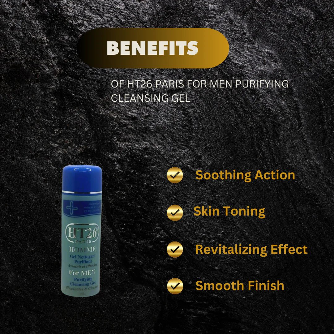 HT26 Paris Men’s Cleansing Gel with Gold Extracts in 16 fl oz bottle, showing the transparent gel and gold accents.
