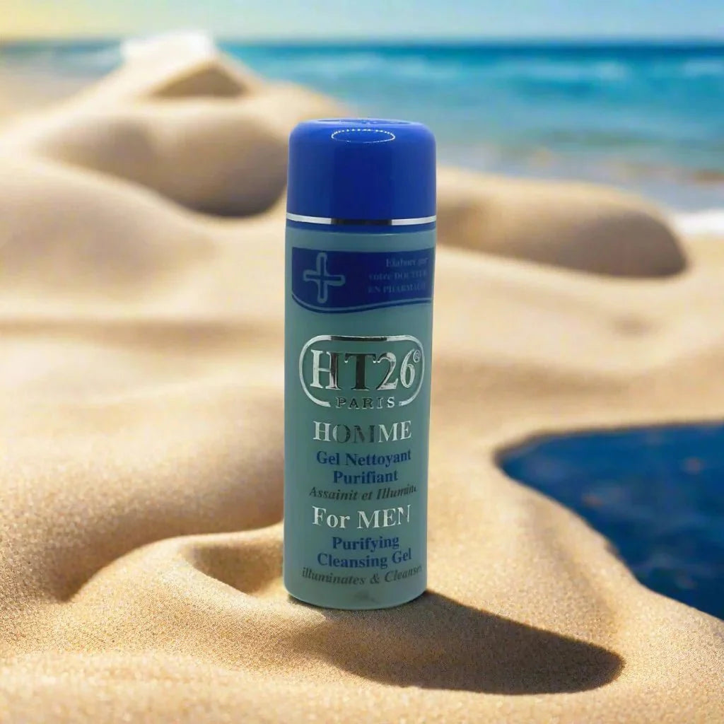 HT26 Paris Men’s Cleansing Gel with Gold Extracts in a 16 fl oz bottle, showing the clear gel and gold accents on the packaging.