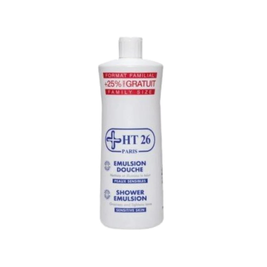 HT26 Paris Shower Emulsion 1000ml, gentle cleanser for sensitive skin, creamy texture, and soothing formula in a large bottle