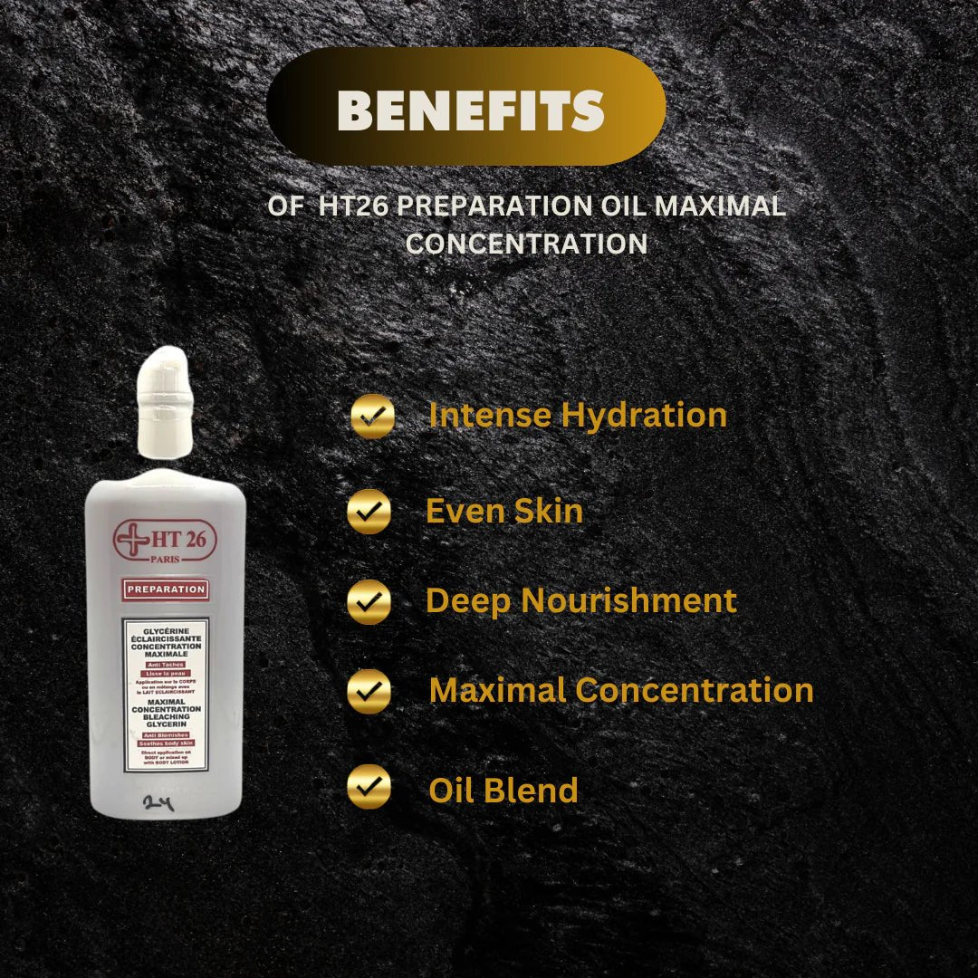 HT26 Preparation Body Oil Concentrate in a 7.5 oz bottle, with a clear fluid and pump dispenser, designed for nourishing skin.