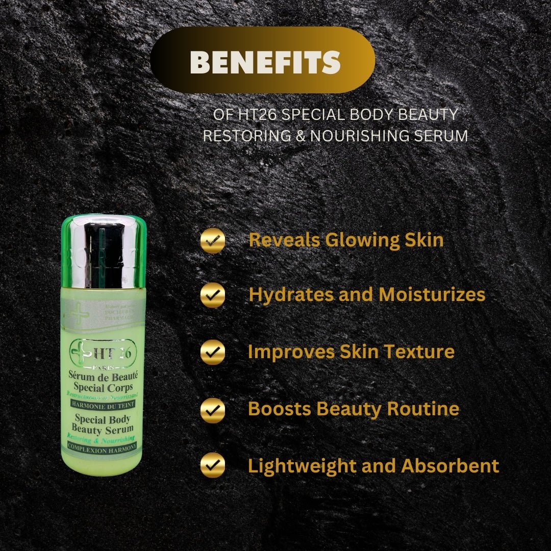 HT26 Special Body Nourishing Beauty Serum 150 ml, shown in a sleek bottle with a pump applicator.