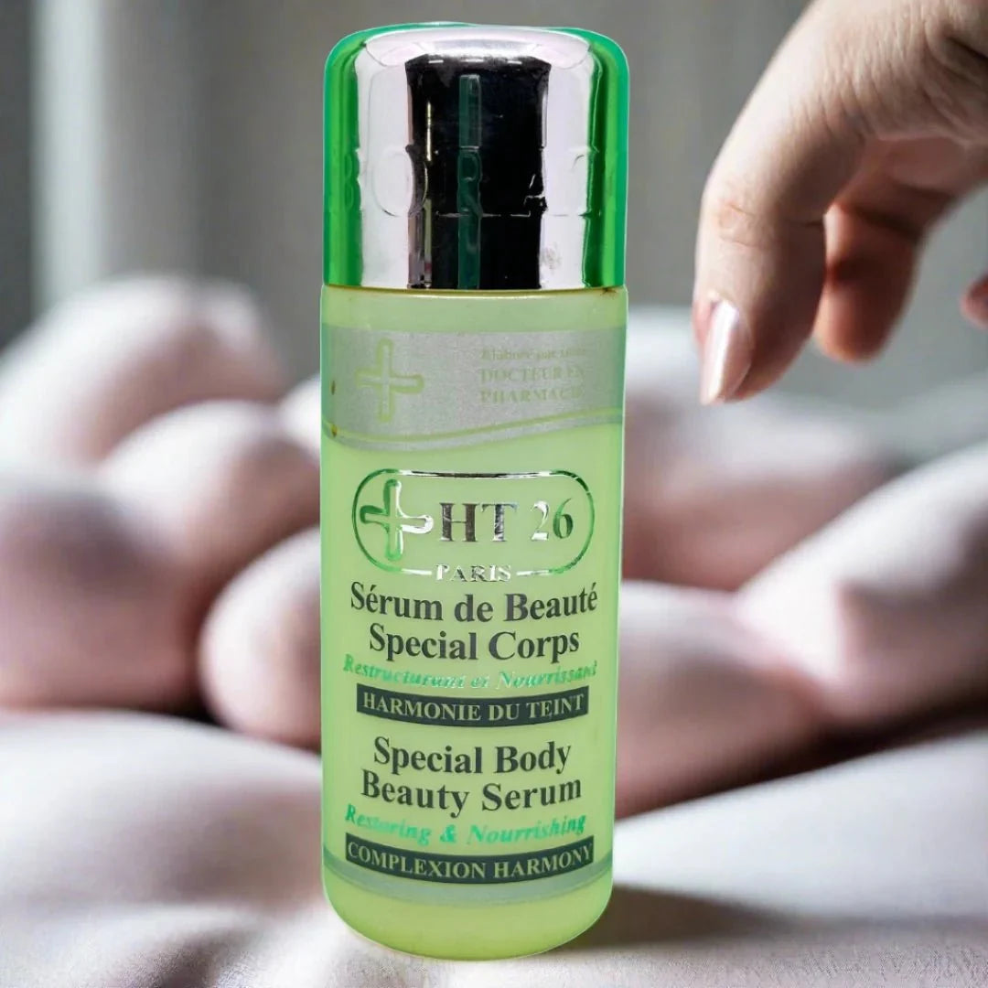 HT26 Special Body Nourishing Beauty Serum in 150ml bottle, showcasing smooth, hydrated skin and elegant packaging.