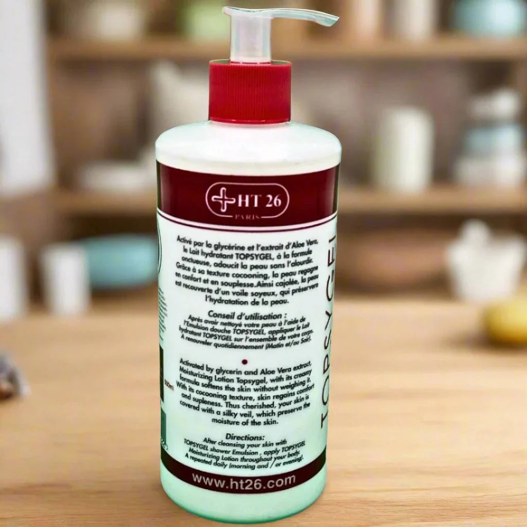 HT26 Topsy Gel Moisturizing Body Lotion 500 ml bottle with a clear flip-top cap and soft, creamy texture for smooth skin.