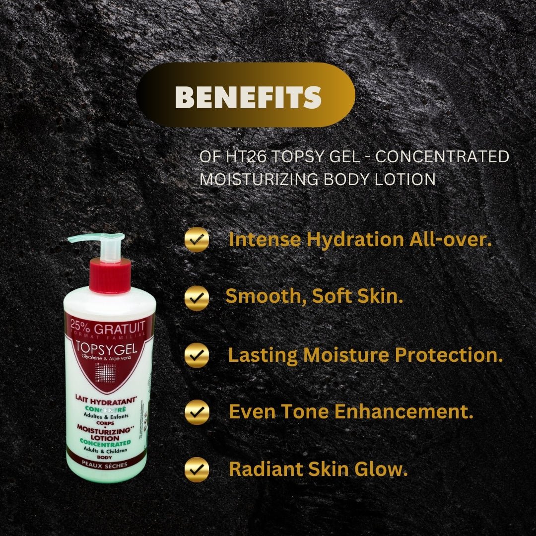 HT26 Topsy Gel moisturizing body lotion in a 500ml bottle, featuring a smooth, hydrating formula for soft skin.