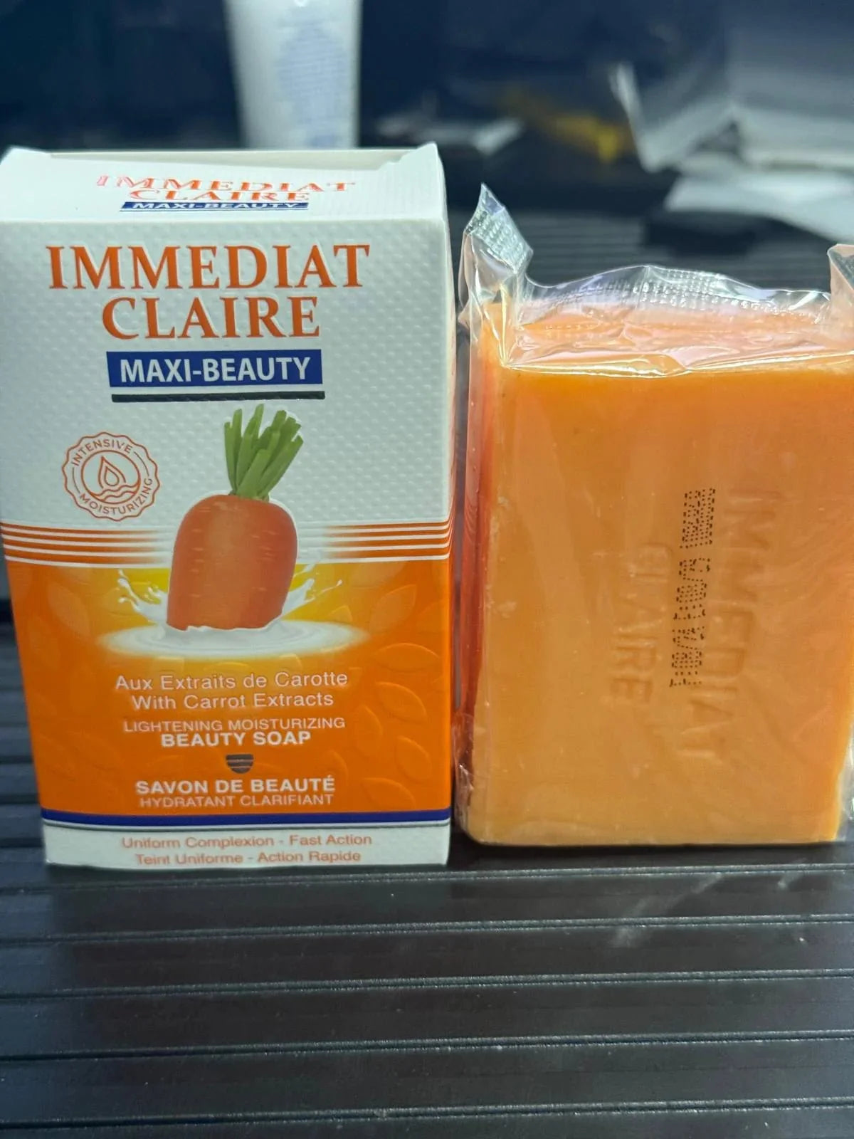 Immediate Claire Beauty Soap bar, 6.7 oz, with creamy lather and floral scent, in a white and pink packaging.