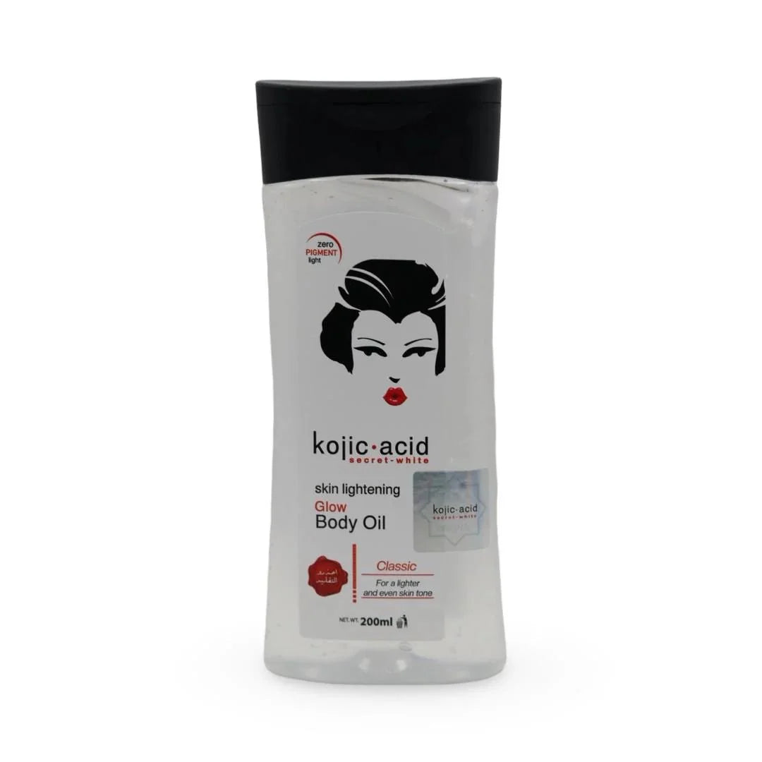 Kojic Acid Glow Body Oil 200ml bottle with a sleek design, showcasing the nourishing skincare product for radiant skin.