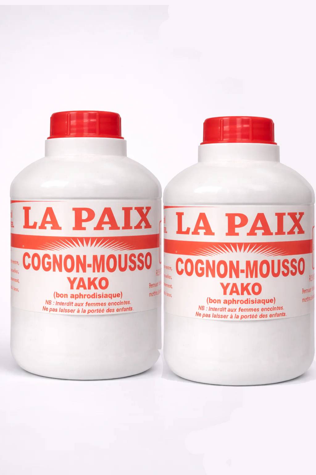 Two 16 oz La Paix Congnon Drink bottles with colorful labels, showcasing the refreshing beverage brand.