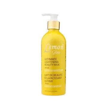 Lemon Glow Ultimate Beauty Milk bottle with lemon-themed packaging, 16.8 oz / 500 ml, creamy skincare product for nourishing skin.