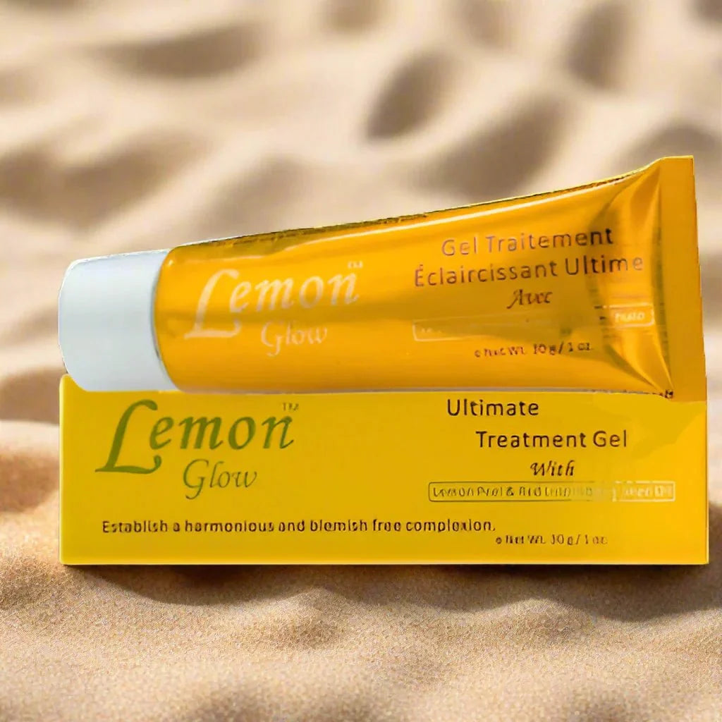 Lemon Glow Ultimate Gel in 1 oz (30 g) container, clear gel with lemon scent, for skincare and hydration.