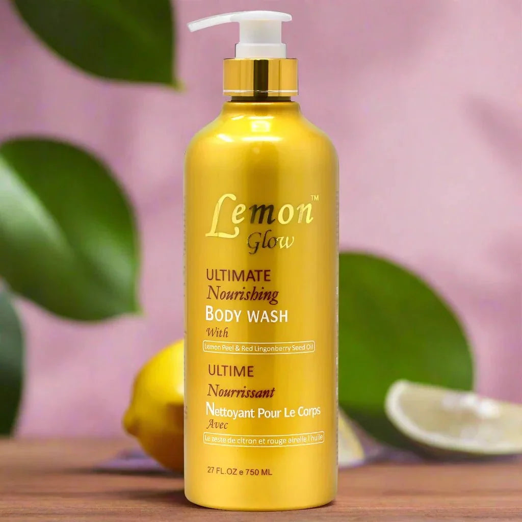 Lemon Glow Ultimate Nourishing Body Wash in a 750ml bottle, featuring fresh lemon slices and a clear, nourishing formula for skin hydration.