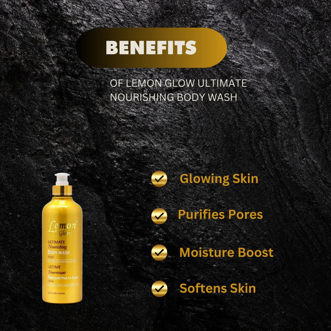 Lemon Glow Ultimate Nourishing Body Wash in a 750ml bottle with fresh lemon scent and nourishing formula.
