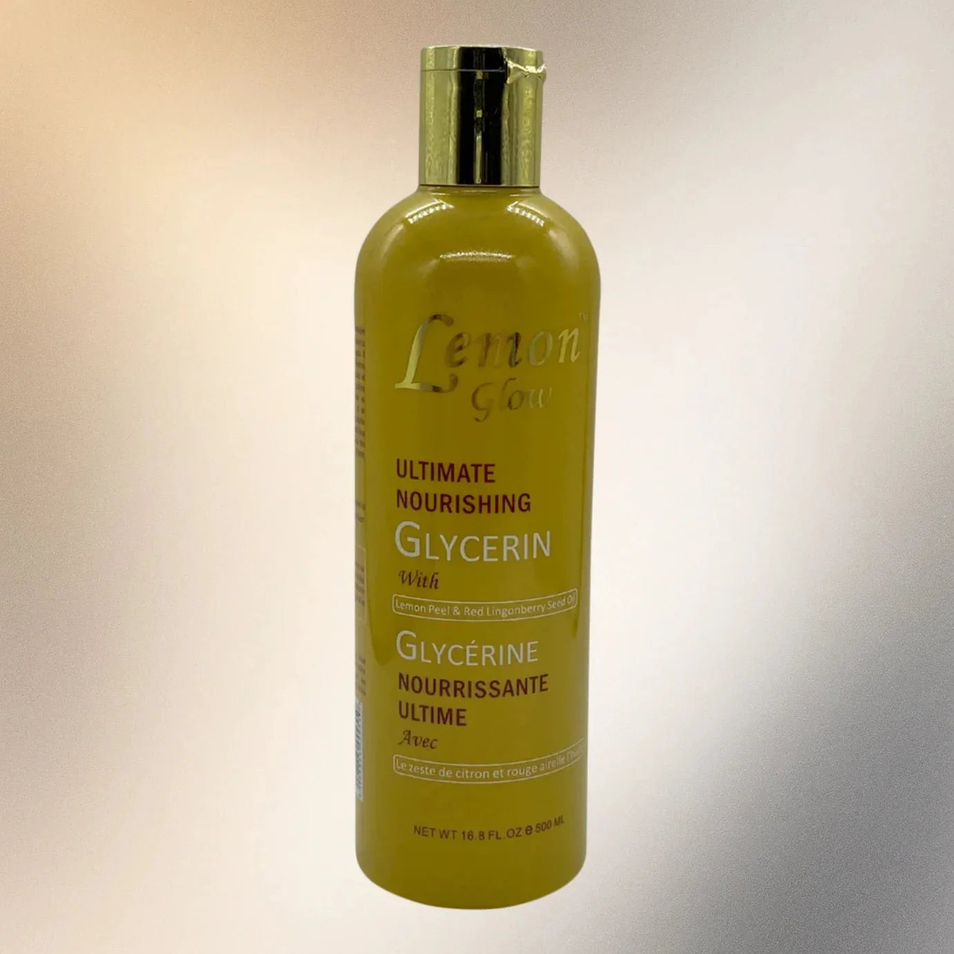 Lemon Glow Ultimate Nourishing Glycerin bottle, 500ml, with a clear label and lemon imagery on the packaging.