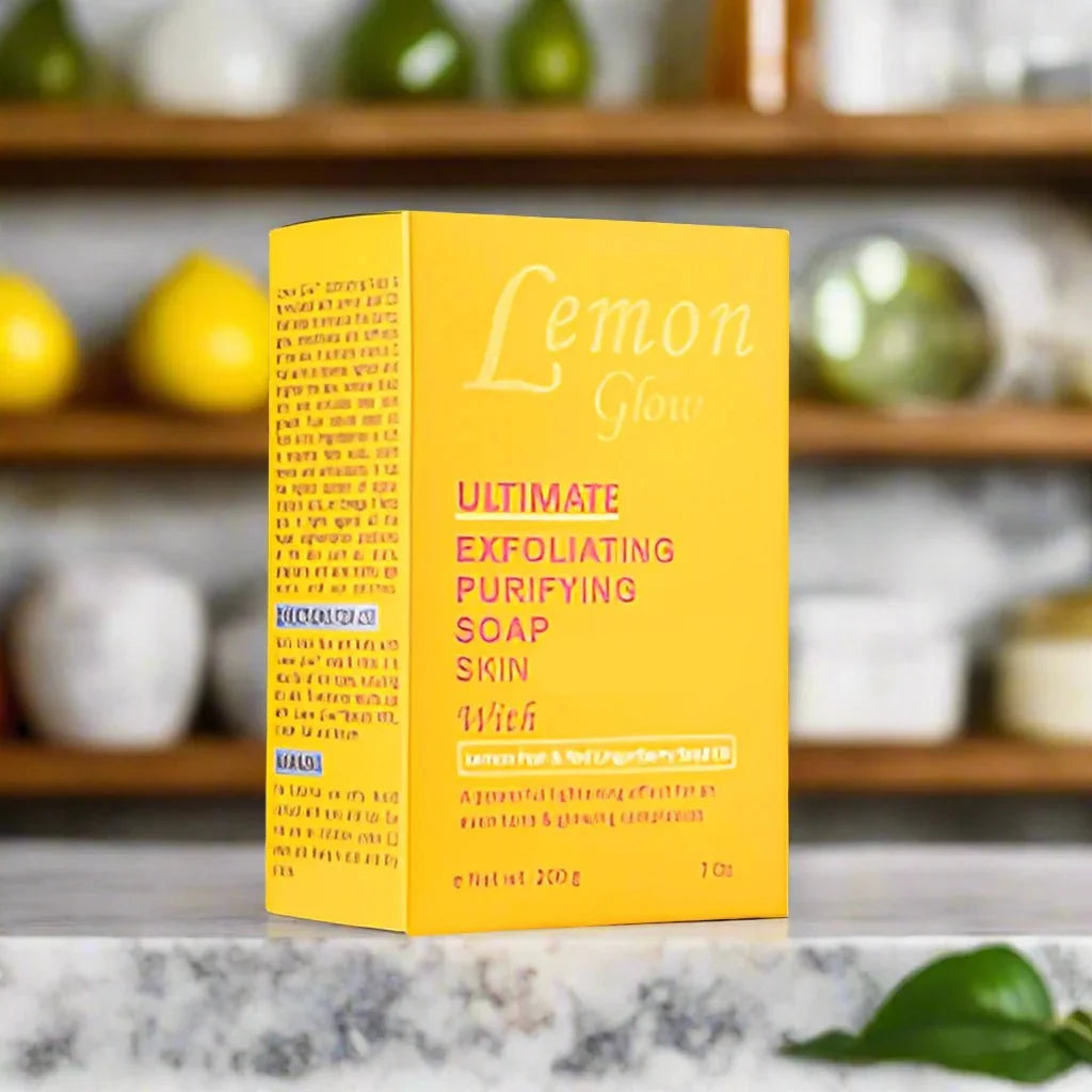 Lemon Glow Ultimate Purifying Soap in a 7 oz bar with fresh lemon slices and bright packaging, designed for cleansing and refreshing skin.
