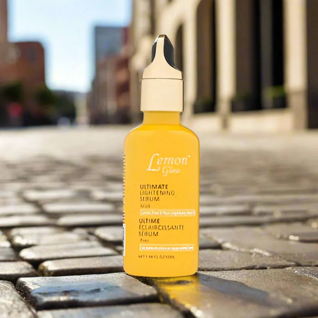 Lemon Glow Ultimate Serum in 1.66 oz bottle showing the clear serum with lemon-themed branding and packaging.