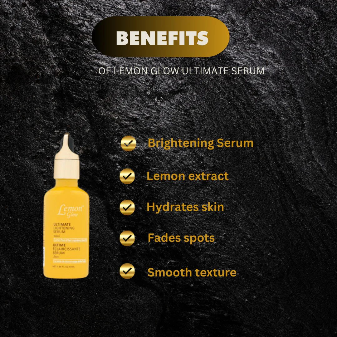 Lemon Glow Ultimate Serum in a 1.66 oz (50 ml) bottle, featuring a clear serum with lemon extract for skin brightening.