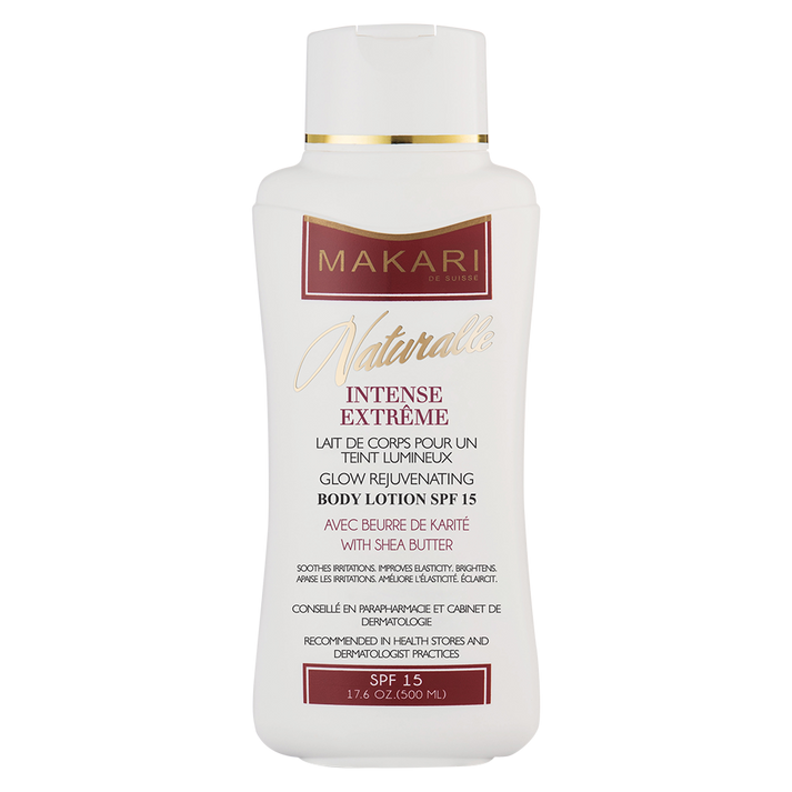Makari Naturalle Intense Extreme lotion bottle, skincare product with white and gold packaging, for skin brightening and moisturizing