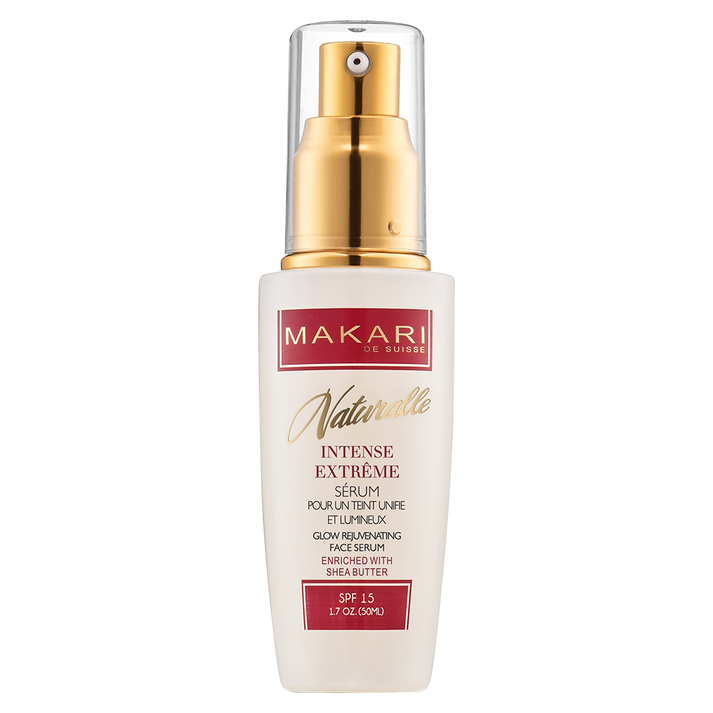 Makari Naturalle Intense Extreme serum bottle with a clear glass container and white pump dispenser.
