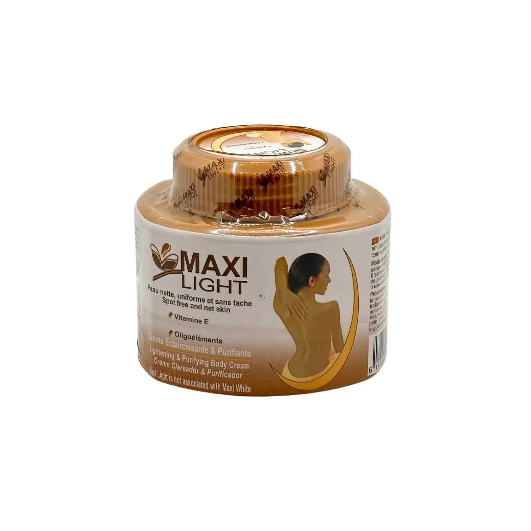 Mini Maxi Light Purifying Body Cream in 11.1 oz travel size, showing the cream jar with label and open lid.