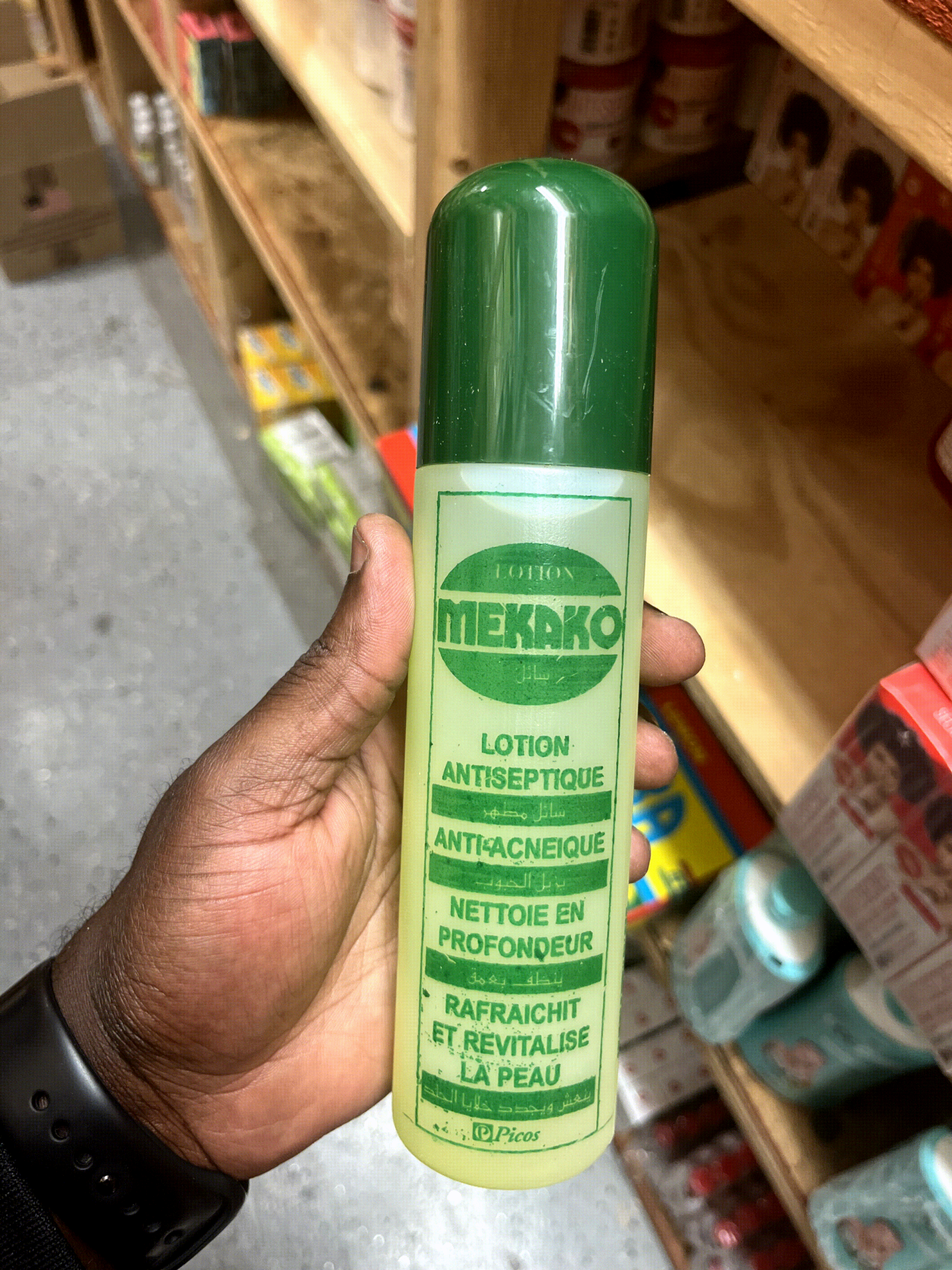 Mekako Refreshing Skin Lotion bottle with clear label and pump dispenser, shown on a neutral background.