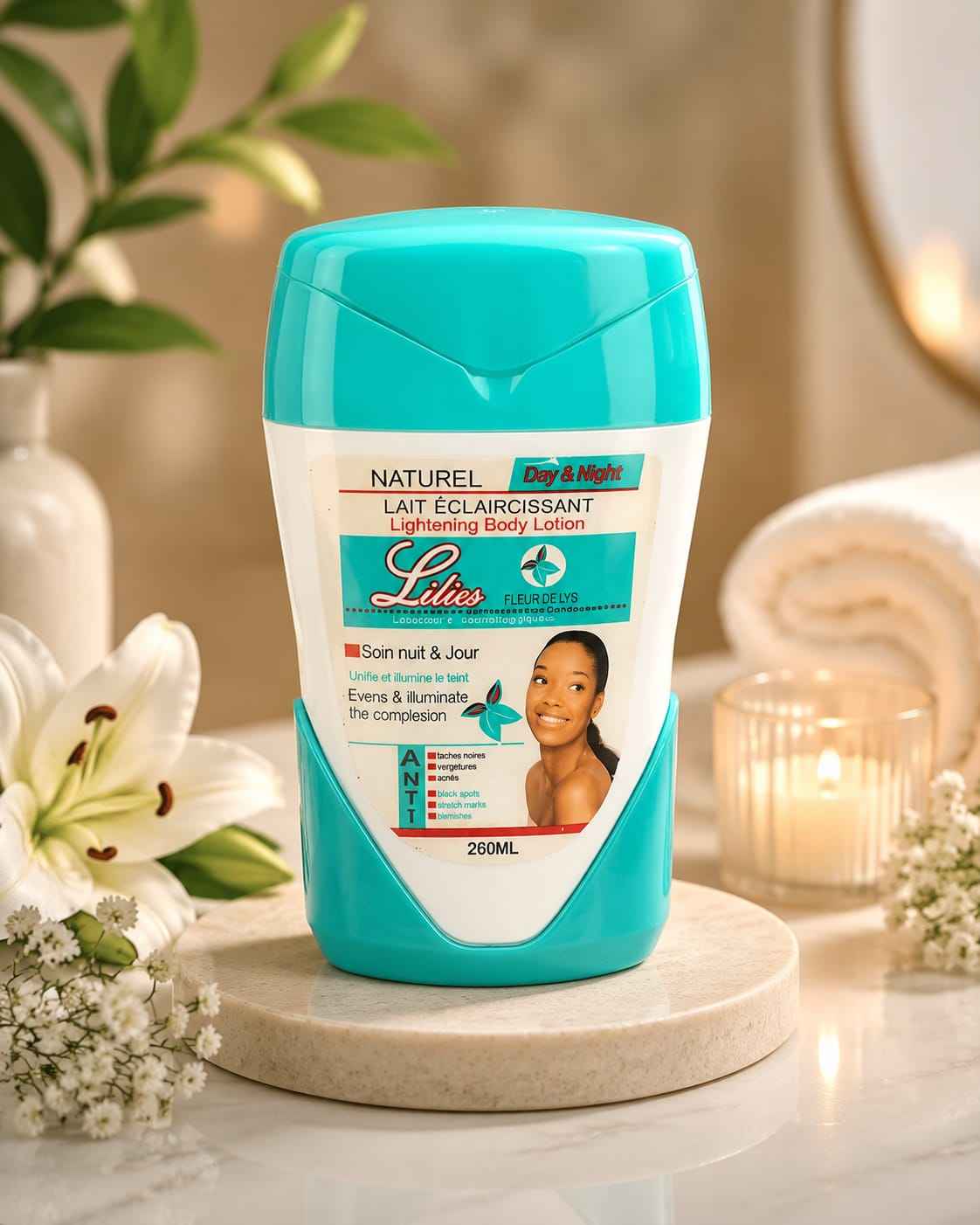 LILIES Fleur de Lys body lotion with lily flower extract in a 500 ml bottle, featuring a natural day and night skincare formula
