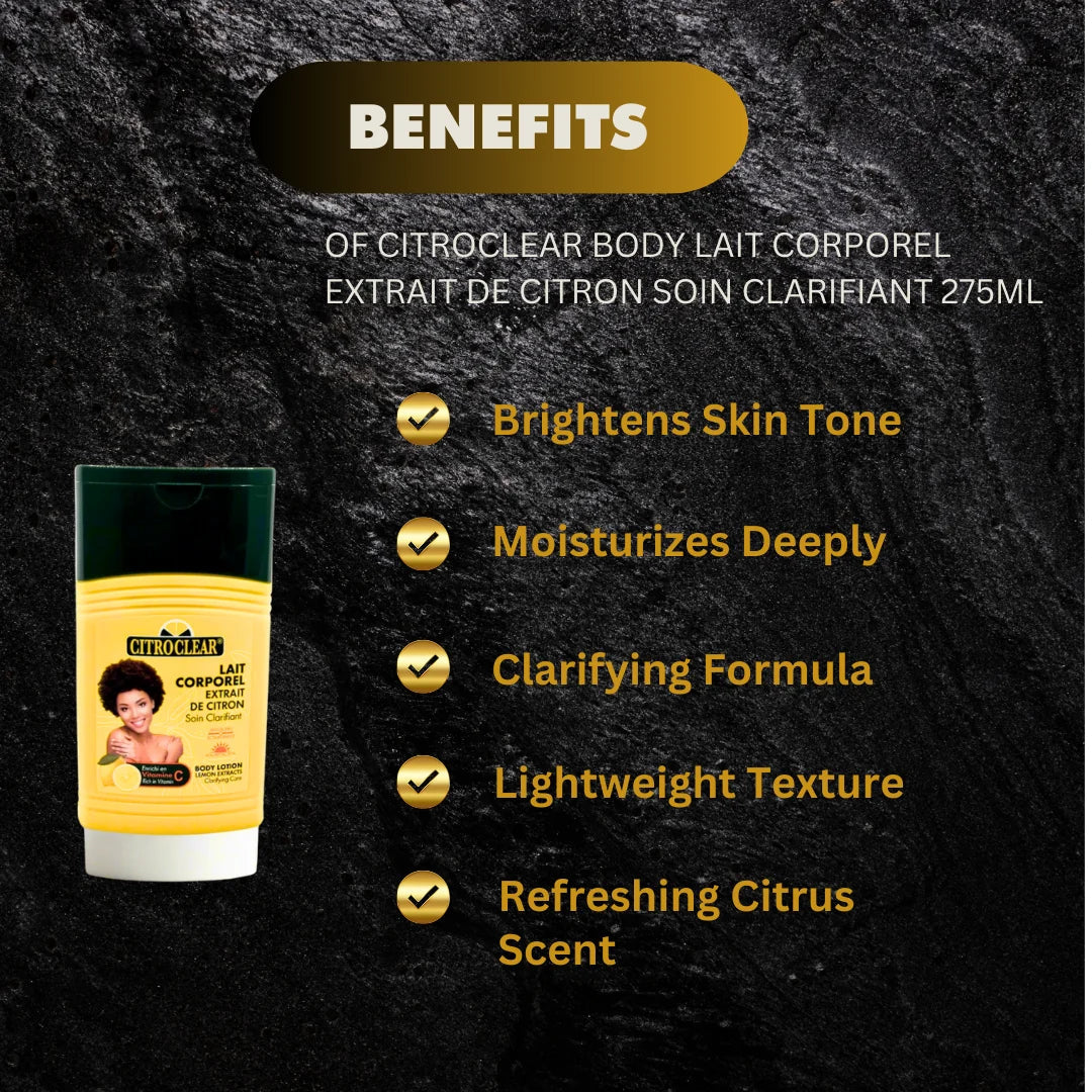 Citroclear Lemon Extract Body Lotion bottle showing 275ml size with lemon-themed packaging and branding.