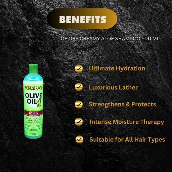 Creamy Aloe Shampoo by ORS in a 500 ml bottle, with a white and green label and a clear cap, designed for gentle hair cleansing.
