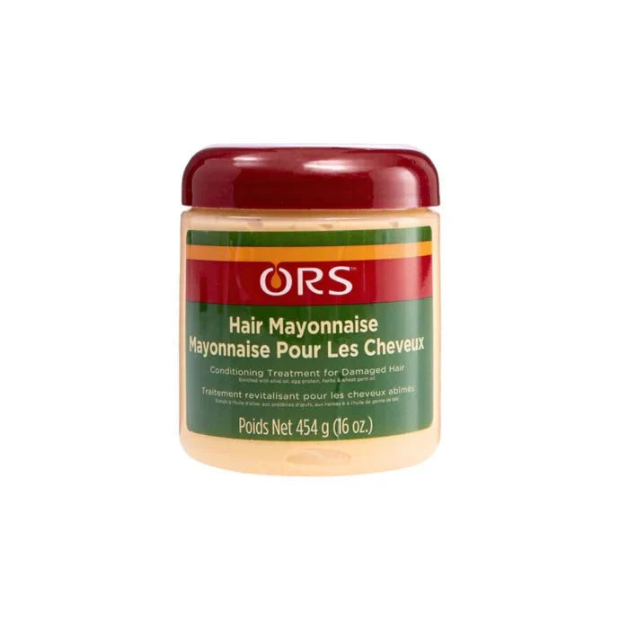 ORS Hair Mayonnaise 16 oz jar showing a creamy hair treatment product in a white jar with a label.