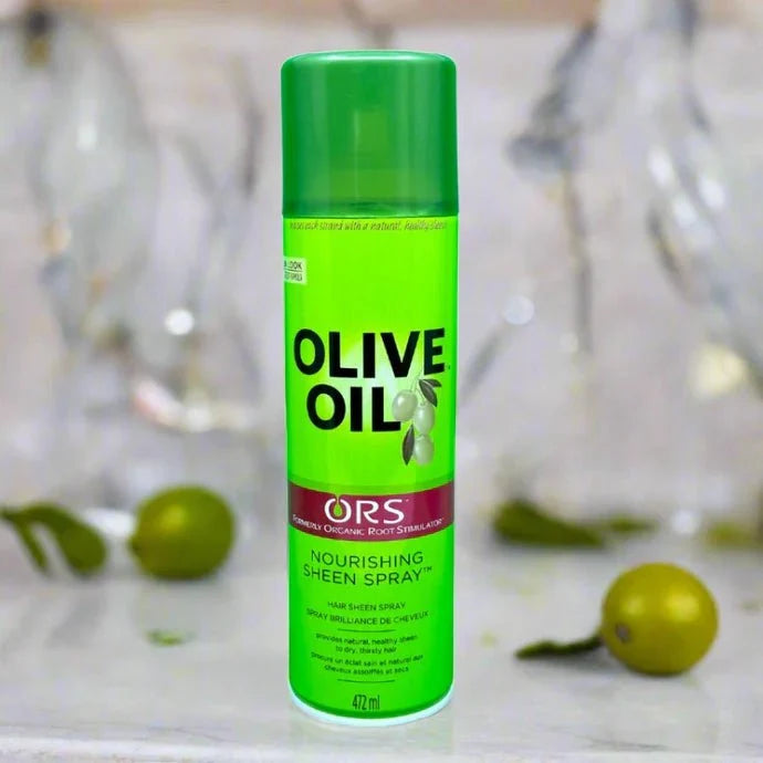 ORS Nourishing Sheen Spray 472ml bottle with spray nozzle, designed to add shine and moisture to hair.