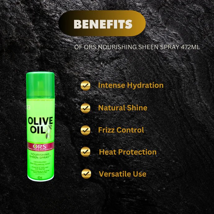 ORS Nourishing Sheen Spray 472ml bottle with spray nozzle, designed to add shine and moisture to hair.