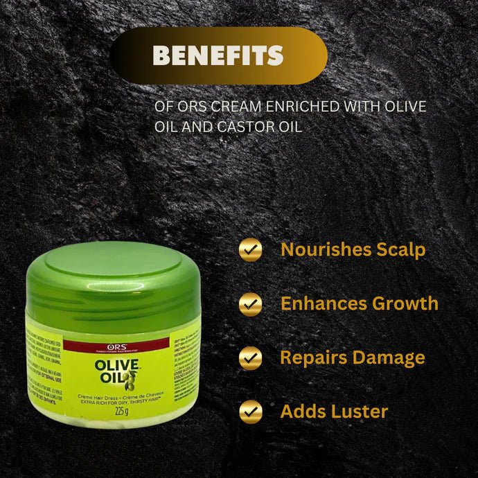 ORS Olive & Castor Oil Enriched Hair Cream in 225g jar, creamy texture for nourishing hair care.