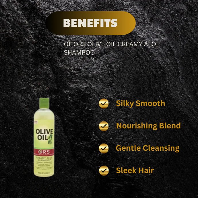 ORS Olive Creamy Aloe Shampoo 12.5 oz bottle with green label and pump dispenser, designed for nourishing hair.