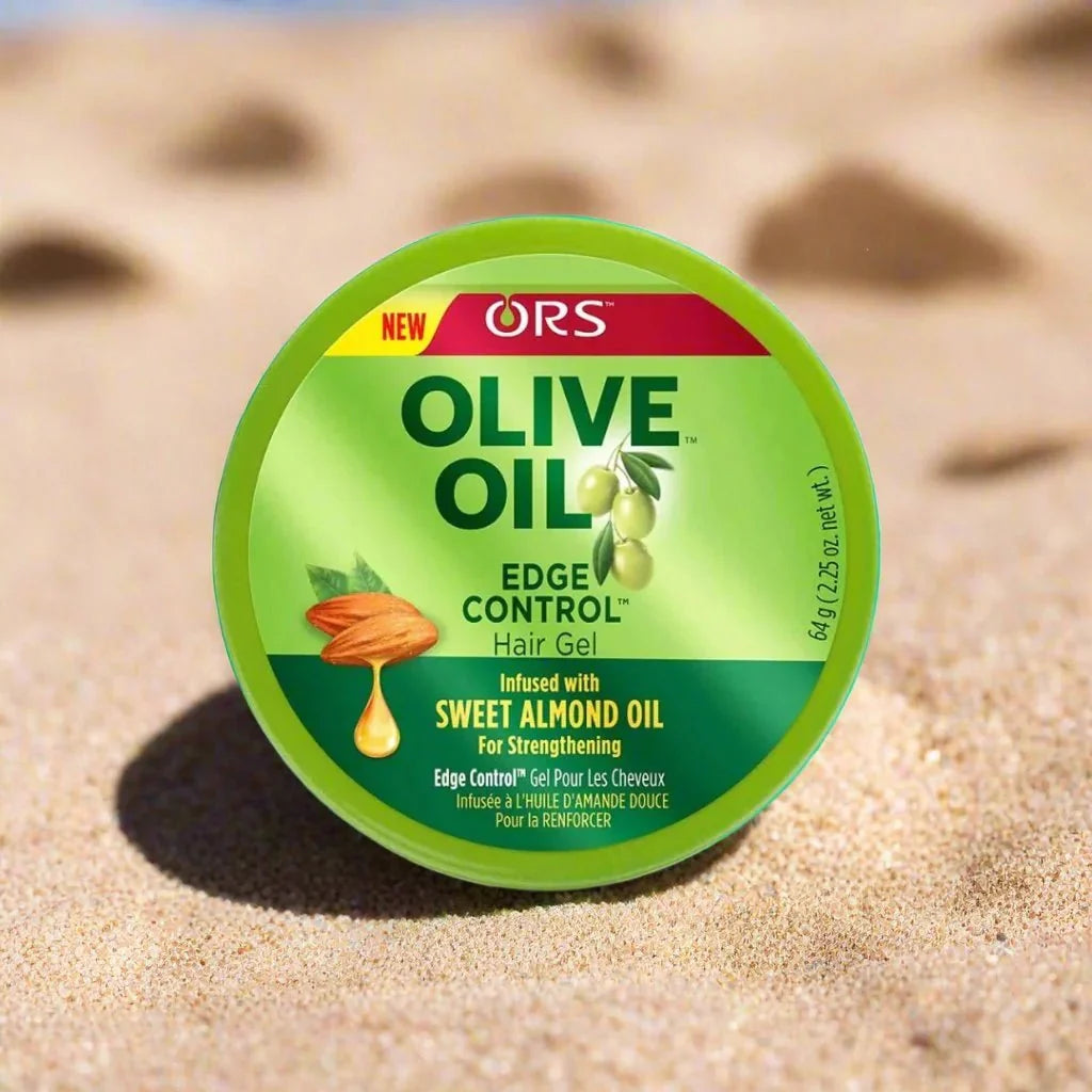 ORS Olive Edge Control Gel in a 2.25 oz jar, showing the black gel and packaging with the ORS logo.