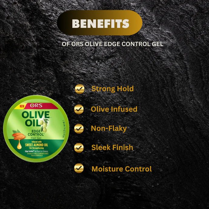 ORS Olive Edge Control Gel in a 2.25 oz jar, featuring a clear gel formula designed for sleek hair edges and styling.
